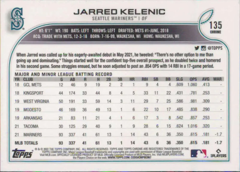 2022 Topps Chrome #135 Jarred Kelenic NM-MT Seattle Mariners Baseball Card - Baseball Card Single