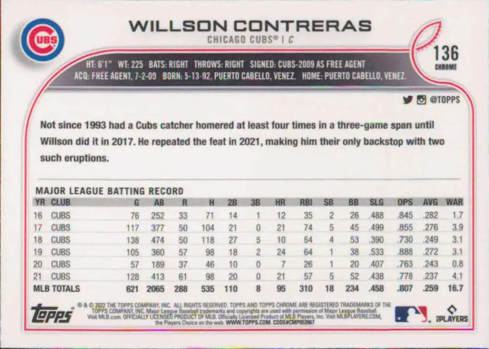 2022 Topps Chrome #136 Willson Contreras NM-MT Chicago Cubs Baseball Card - Baseball Card Single