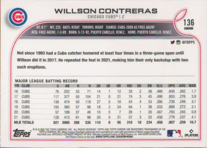 2022 Topps Chrome #136 Willson Contreras NM-MT Chicago Cubs Baseball Card - Baseball Card Single