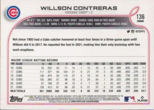 Willson Contreras baseball card from 2022 Topps Chrome with original gloss NM-MT