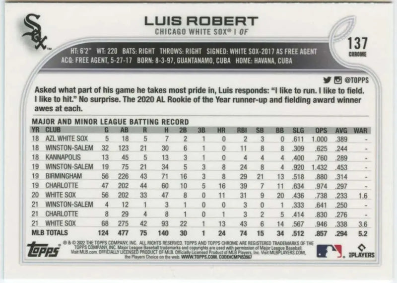 2022 Topps Chrome #137 Luis Robert NM-MT Chicago White Sox Baseball Card - Baseball Card Single