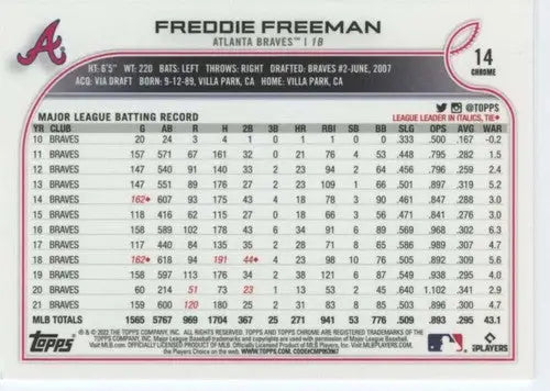 2022 Topps Chrome #14 Freddie Freeman NM-MT Braves ID:47756 - Baseball Card Single