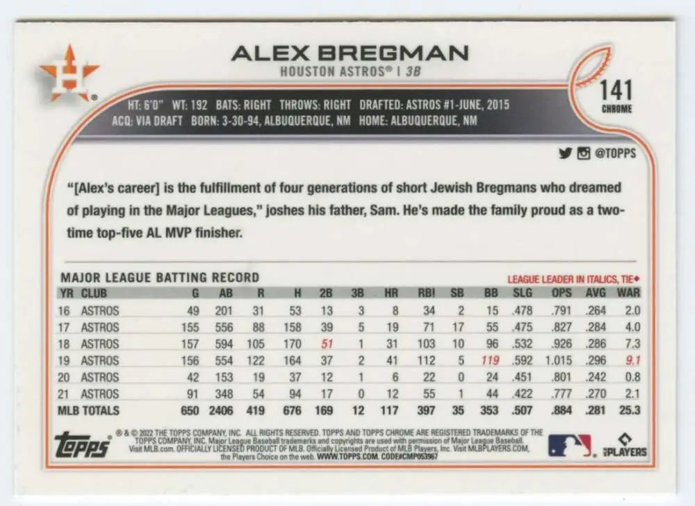 2022 Topps Chrome #141 Alex Bregman NM-MT Houston Astros Baseball Card - Baseball Card Single