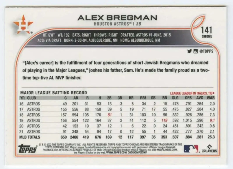2022 Topps Chrome #141 Alex Bregman NM-MT Houston Astros Baseball Card - Baseball Card Single