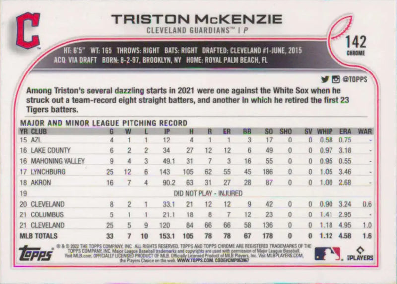 2022 Topps Chrome #142 Triston McKenzie NM-MT Cleveland Guardians Baseball Card - Baseball Card Single