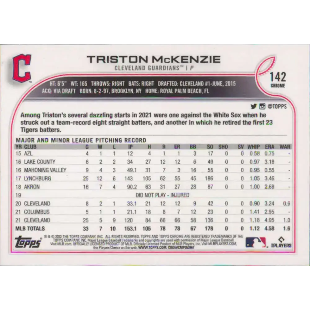 2022 Topps Chrome #142 Triston McKenzie NM-MT Cleveland Guardians Baseball Card - Baseball Card Single