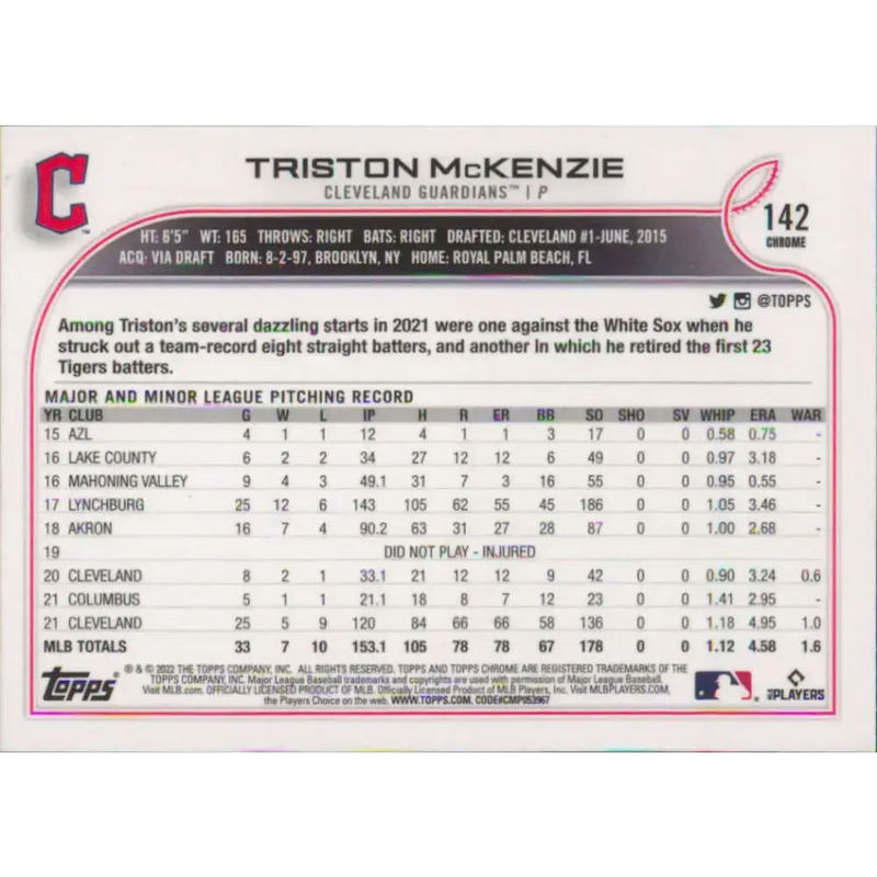 2022 Topps Chrome #142 Triston McKenzie NM-MT Cleveland Guardians Baseball Card - Baseball Card Single