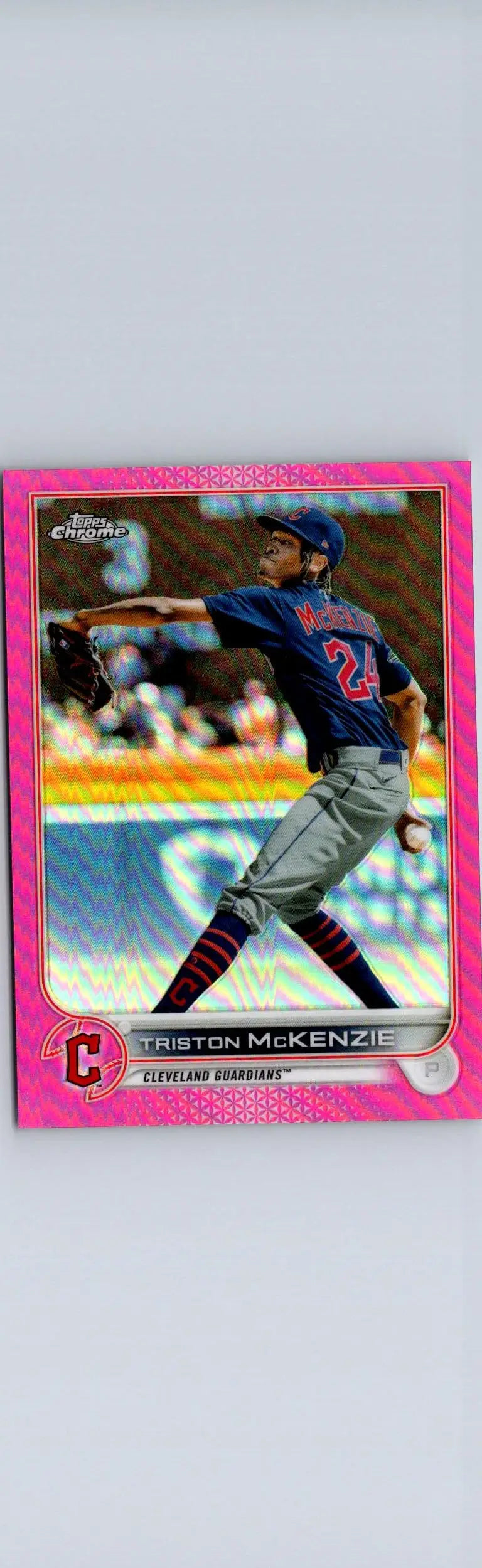 Pink Triston McKenzie baseball card from 2022 Topps Chrome #142 McKenzie Pink Refractor