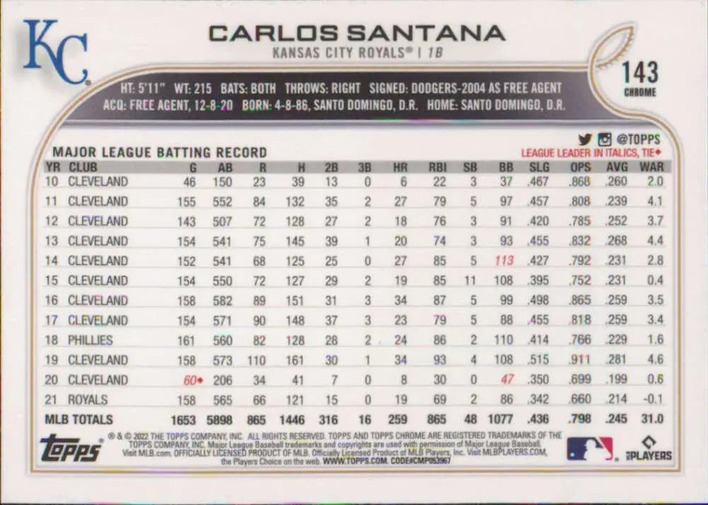 2022 Topps Chrome #143 Carlos Santana NM-MT Kansas City Royals Baseball Card - Baseball Card Single