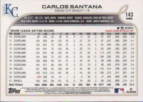 2022 Topps Chrome #143 Carlos Santana NM-MT Royals ID:51623 - Baseball Card Single