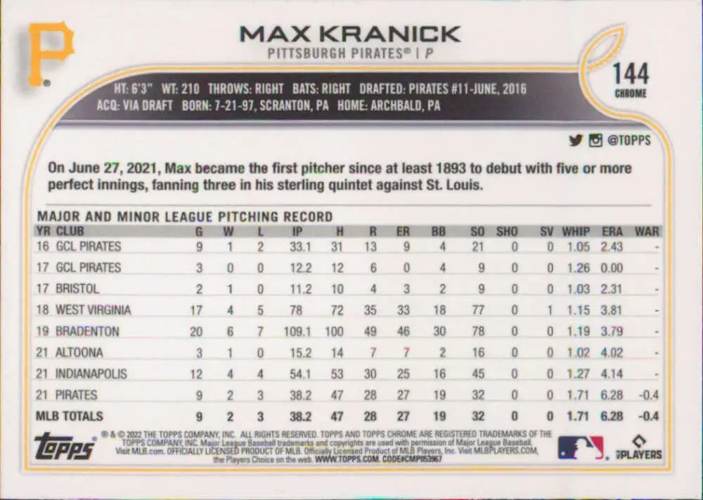 2022 Topps Chrome #144 Max Kranick NM-MT RC Rookie Pittsburgh Pirates Baseball Card - Baseball Card Single