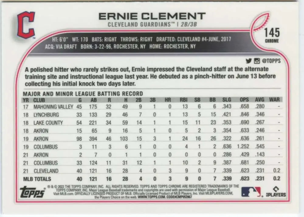 2022 Topps Chrome #145 Ernie Clement NM-MT RC Rookie Cleveland Guardians Baseball Card - Baseball Card Single
