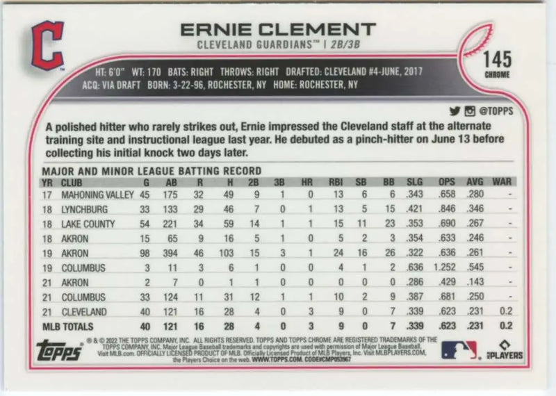 2022 Topps Chrome #145 Ernie Clement NM-MT RC Rookie Cleveland Guardians Baseball Card - Baseball Card Single