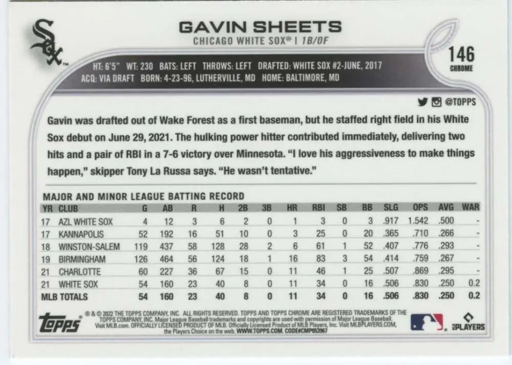 2022 Topps Chrome #146 Gavin Sheets NM-MT RC Rookie Chicago White Sox Baseball Card - Baseball Card Single