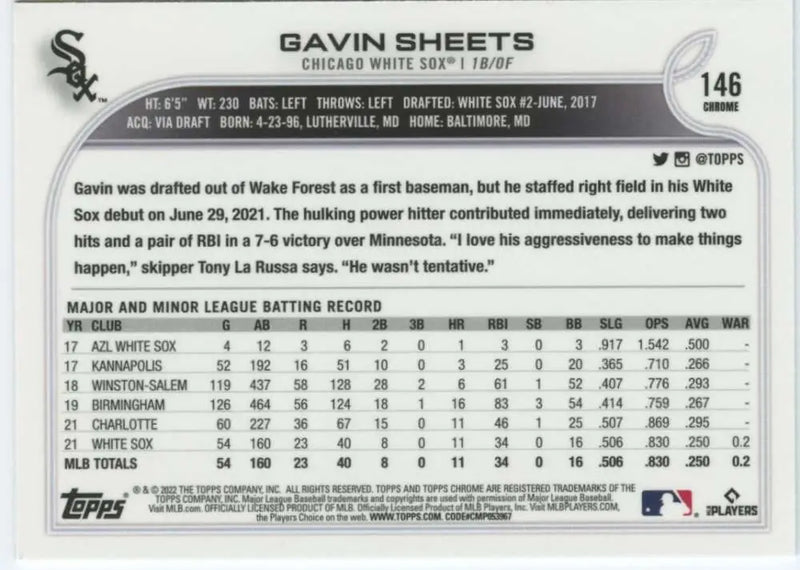 2022 Topps Chrome #146 Gavin Sheets NM-MT RC Rookie Chicago White Sox Baseball Card - Baseball Card Single