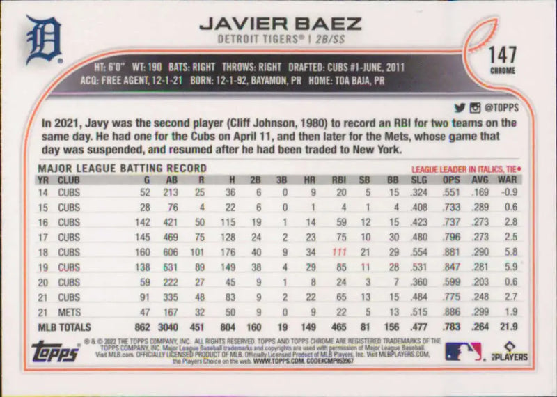 2022 Topps Chrome #147 Javier Baez NM-MT Detroit Tigers Baseball Card - Baseball Card Single