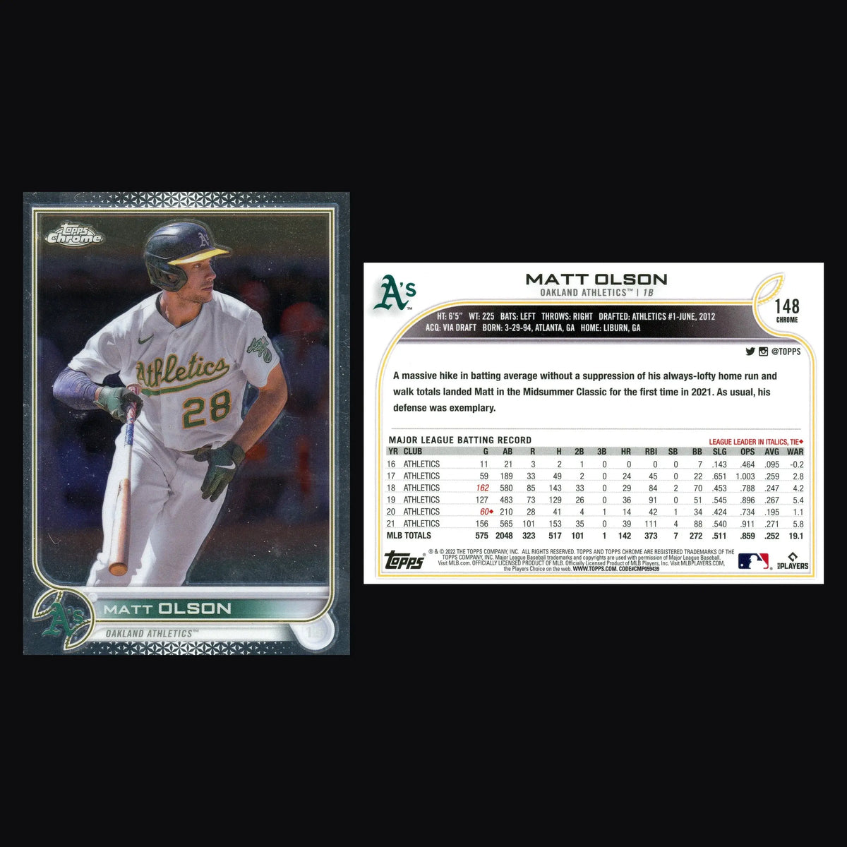2022 Topps Chrome #148 Matt Olson Oakland Athletics - Baseball Card Single