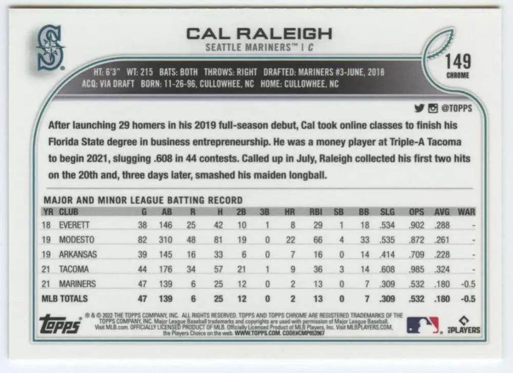 2022 Topps Chrome #149 Cal Raleigh NM-MT RC Rookie Seattle Mariners Baseball Card - Baseball Card Single