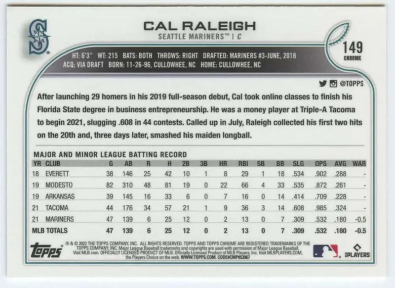 2022 Topps Chrome #149 Cal Raleigh NM-MT RC Rookie Seattle Mariners Baseball Card - Baseball Card Single