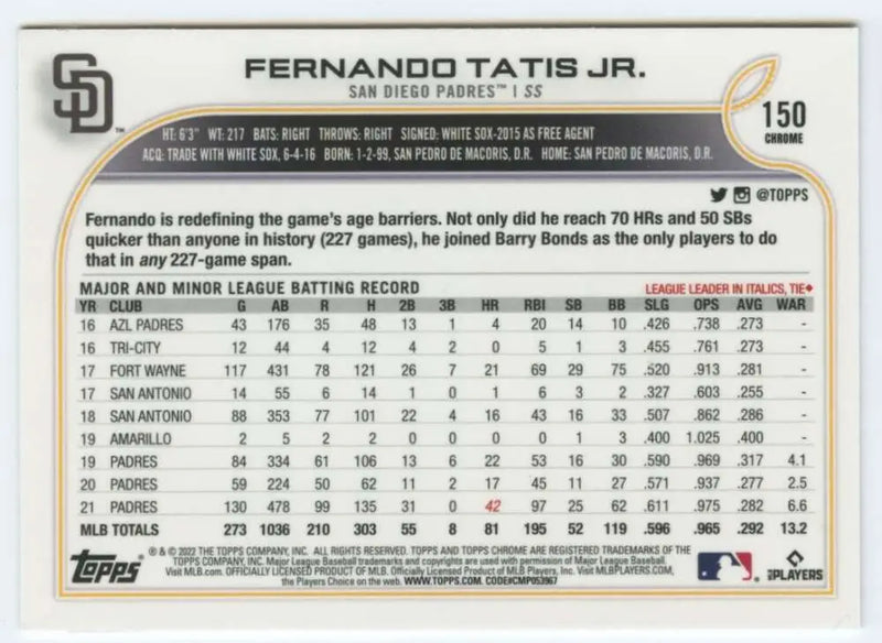 2022 Topps Chrome #150 Fernando Tatis Jr. NM-MT San Diego Padres Baseball Card - Baseball Card Single