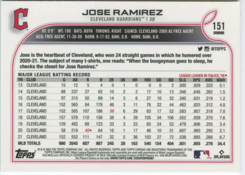 2022 Topps Chrome #151 Jose Ramirez NM-MT Cleveland Guardians Baseball Card - Baseball Card Single