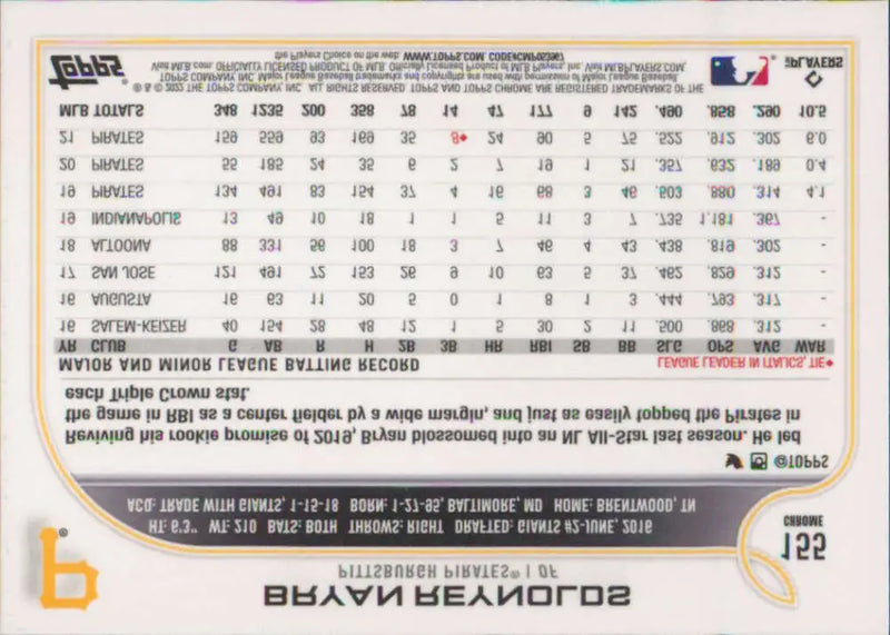2022 Topps Chrome #155 Bryan Reynolds NM-MT Pittsburgh Pirates Baseball Card - Baseball Card Single