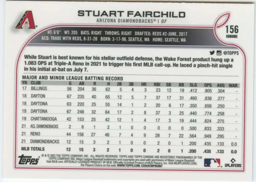 2022 Topps Chrome #156 Stuart Fairchild NM-MT RC Rookie Arizona Diamondbacks Baseball Card - Baseball Card Single