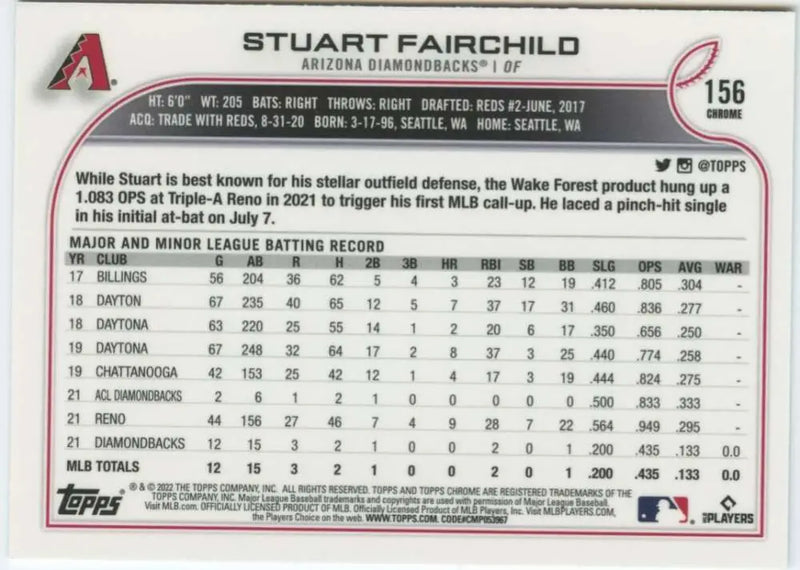 2022 Topps Chrome #156 Stuart Fairchild NM-MT RC Rookie Arizona Diamondbacks Baseball Card - Baseball Card Single