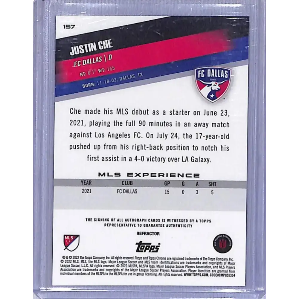 2022 Topps Chrome #157 Justin Che NM-MT Auto FC Dallas - Soccer Card Single