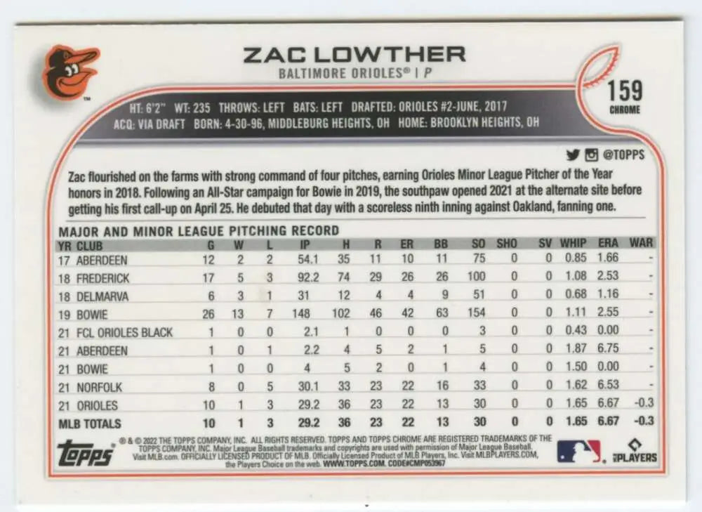 2022 Topps Chrome #159 Zac Lowther NM-MT RC Rookie Baltimore Orioles Baseball Card - Baseball Card Single