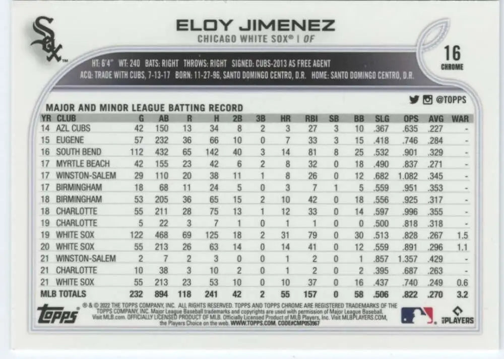 2022 Topps Chrome #16 Eloy Jimenez NM-MT Chicago White Sox Baseball Card - Baseball Card Single