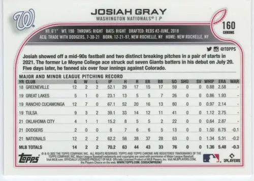 Josiah Gray baseball card from 2022 Topps Chrome with original gloss and rookie ID
