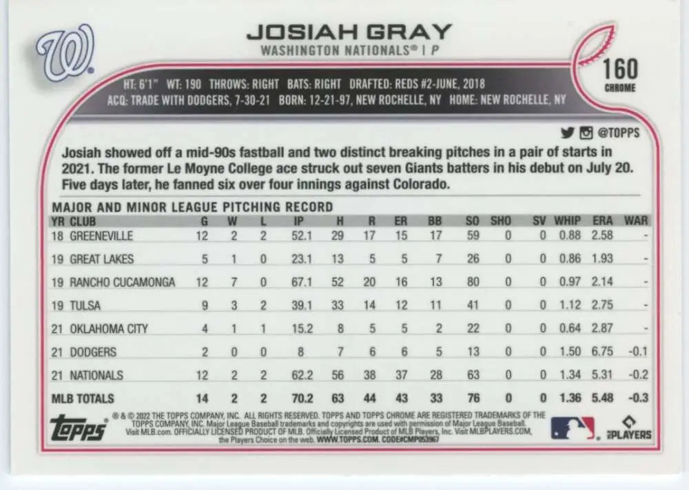 2022 Topps Chrome #160 Josiah Gray NM-MT RC Rookie Washington Nationals Baseball Card - Baseball Card Single