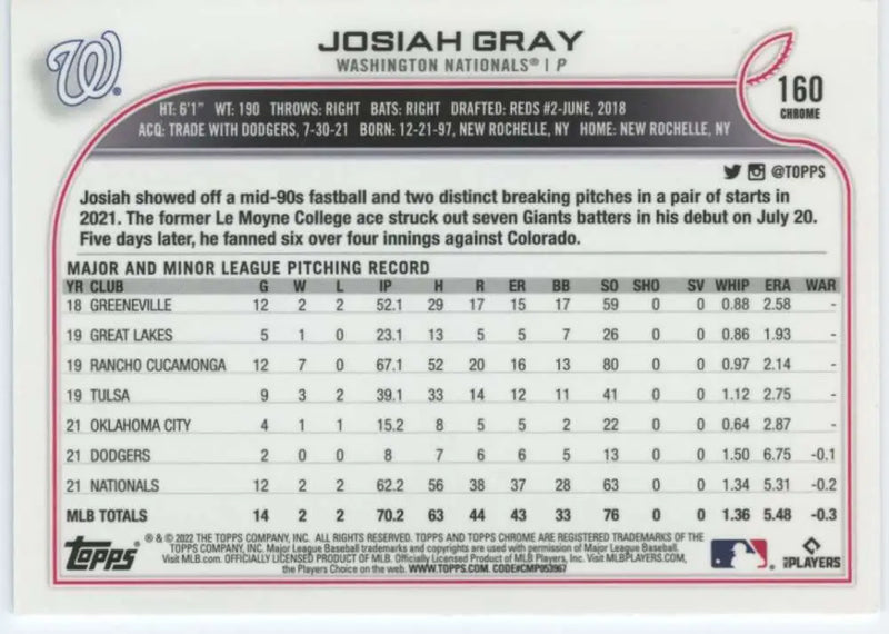 2022 Topps Chrome #160 Josiah Gray NM-MT RC Rookie Washington Nationals Baseball Card - Baseball Card Single