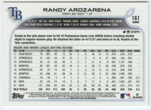 2022 Topps Chrome #161 Randy Arozarena NM-MT Rays ID:51624 - Baseball Card Single