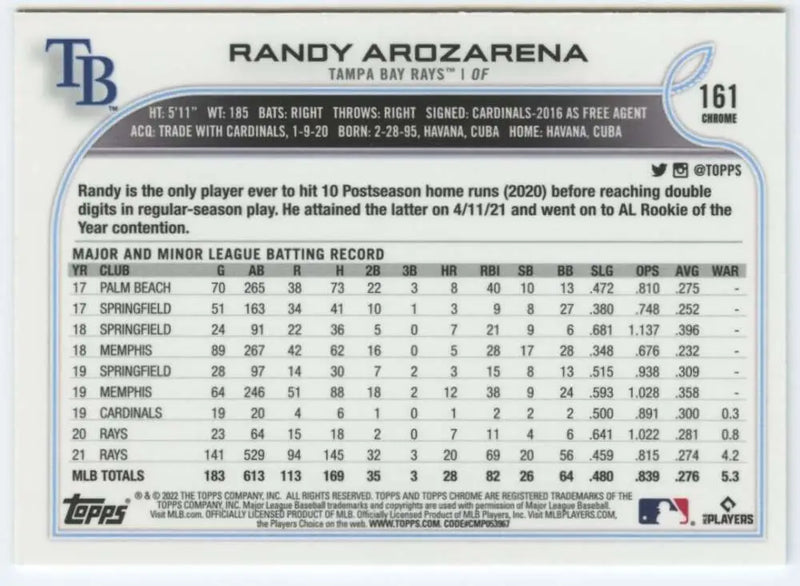 2022 Topps Chrome #161 Randy Arozarena NM-MT Tampa Bay Rays Baseball Card - Baseball Card Single