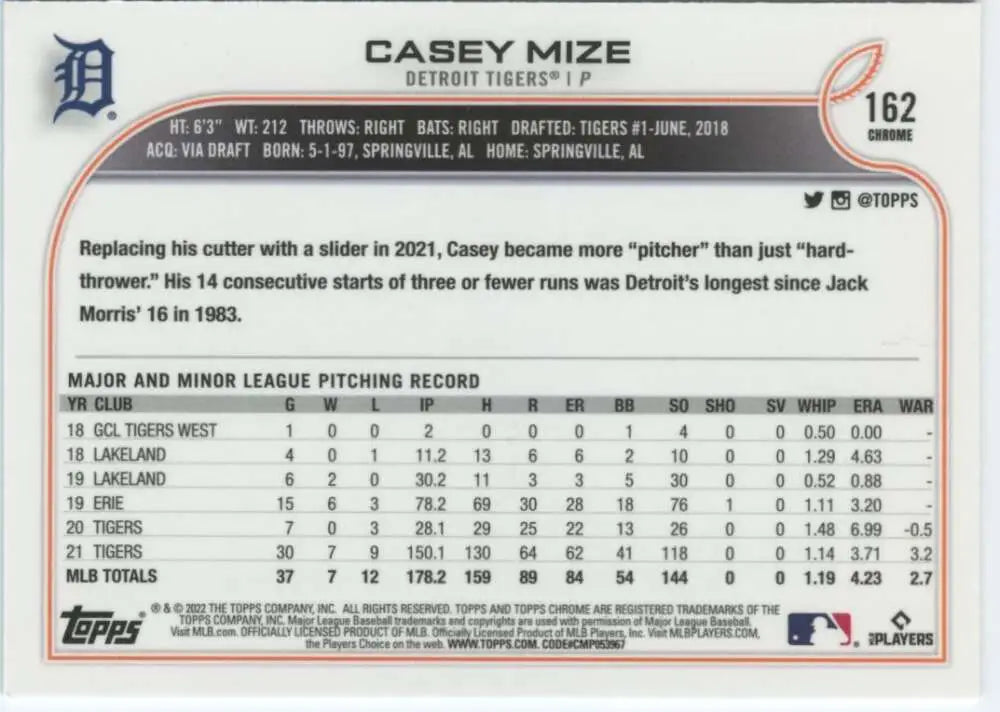 2022 Topps Chrome #162 Casey Mize NM-MT Detroit Tigers Baseball Card