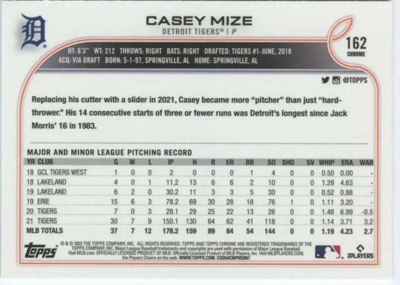 2022 Topps Chrome #162 Casey Mize NM-MT Detroit Tigers Baseball Card