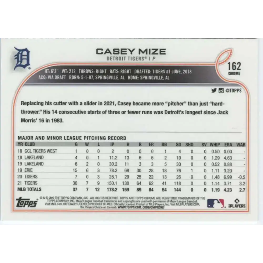 2022 Topps Chrome #162 Casey Mize NM-MT Detroit Tigers Baseball Card - Baseball Card Single