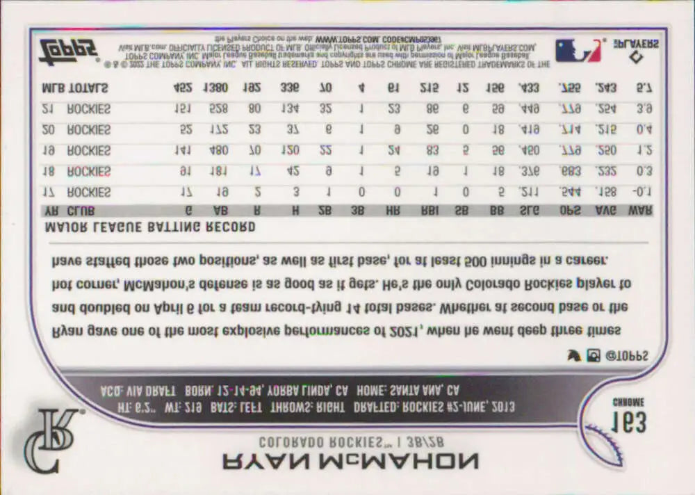 2022 Topps Chrome #163 Ryan McMahon NM-MT Colorado Rockies Baseball Card