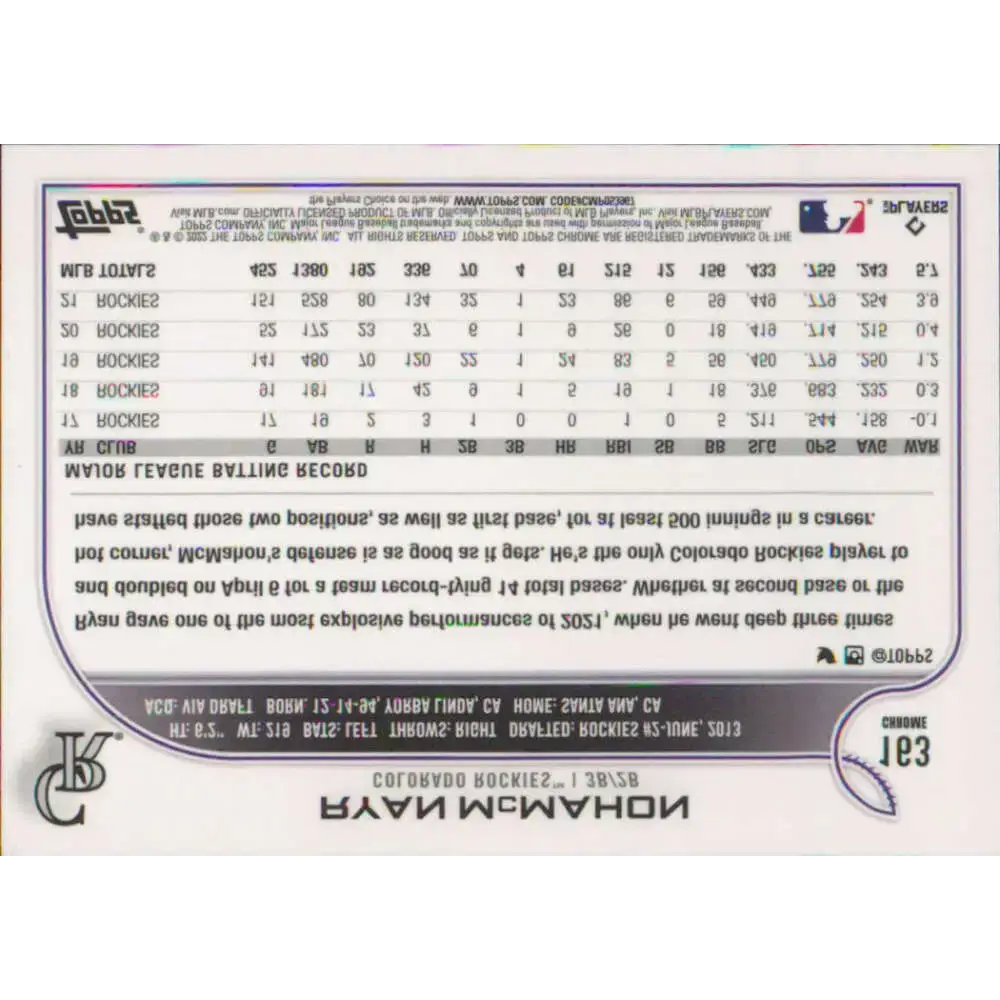 2022 Topps Chrome #163 Ryan McMahon NM-MT Colorado Rockies Baseball Card - Baseball Card Single