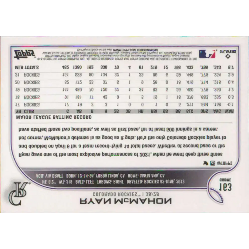 2022 Topps Chrome #163 Ryan McMahon NM-MT Colorado Rockies Baseball Card - Baseball Card Single
