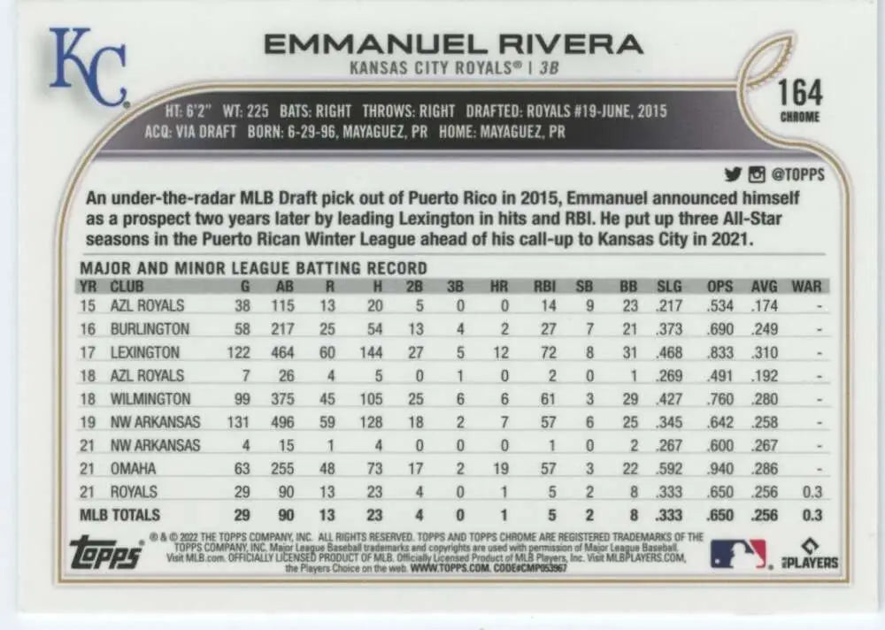 2022 Topps Chrome #164 Emmanuel Rivera NM-MT RC Rookie Kansas City Royals Baseball Card - Baseball Card Single