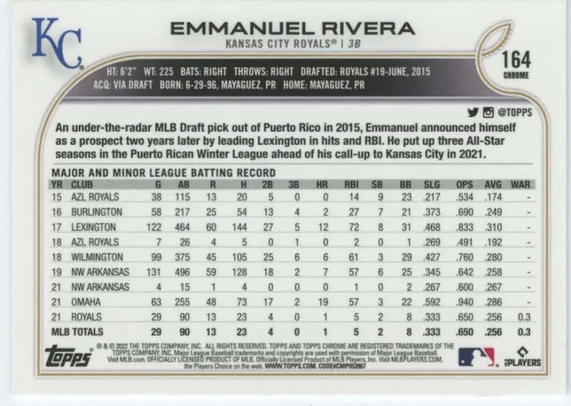 2022 Topps Chrome #164 Emmanuel Rivera NM-MT RC Rookie Kansas City Royals Baseball Card - Baseball Card Single