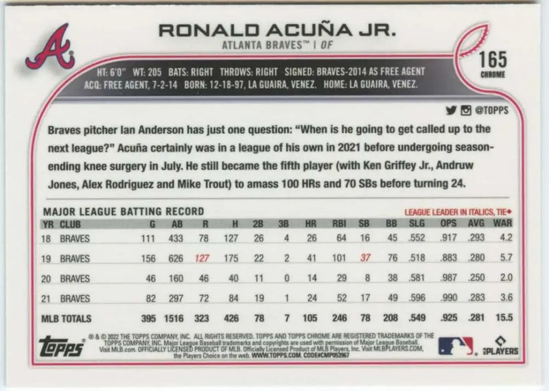2022 Topps Chrome #165 Ronald Acuna Jr. NM-MT Atlanta Braves Baseball Card - Baseball Card Single