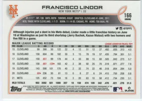 2022 Topps Chrome Francisco Lindor baseball card with original gloss Mets ID 51598