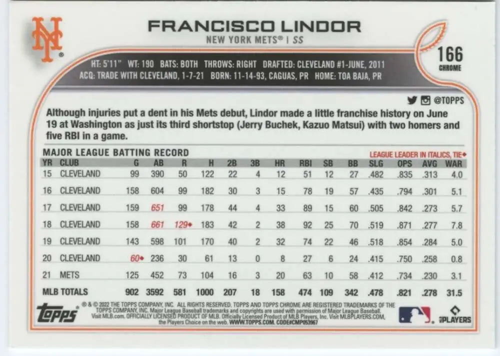 2022 Topps Chrome #166 Francisco Lindor NM-MT New York Mets Baseball Card - Baseball Card Single