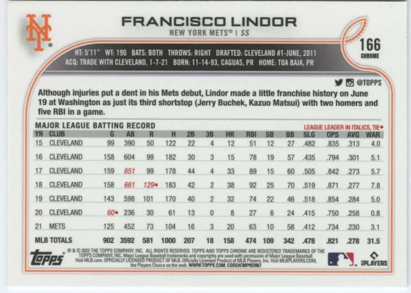 2022 Topps Chrome #166 Francisco Lindor NM-MT New York Mets Baseball Card - Baseball Card Single