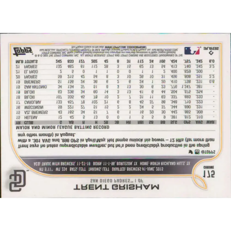 2022 Topps Chrome #175 Trent Grisham NM-MT San Diego Padres Baseball Card - Baseball Card Single