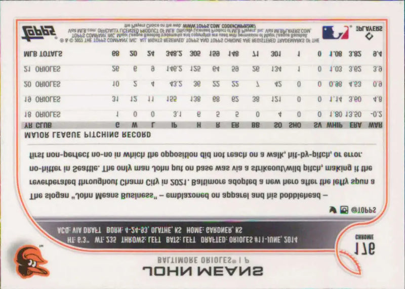 2022 Topps Chrome #176 John Means NM-MT Baltimore Orioles Baseball Card - Baseball Card Single